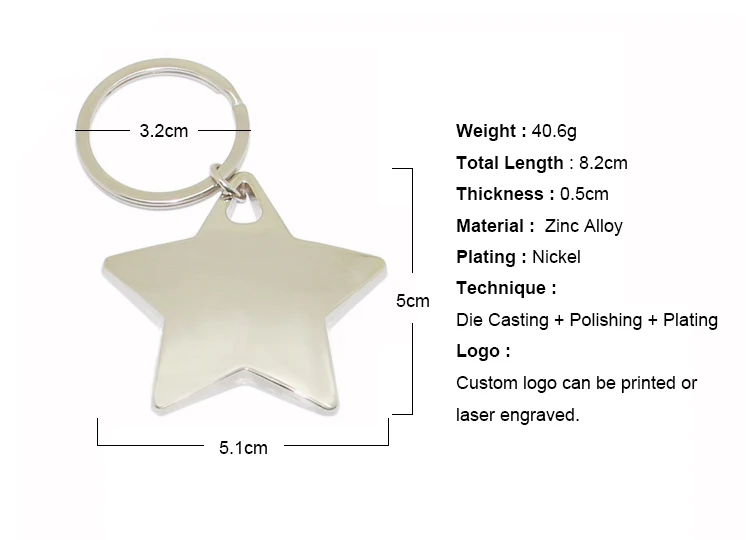 Manufacture Custom Design Logo Blank Metal Key Holder Chain Star Keyring Keychain