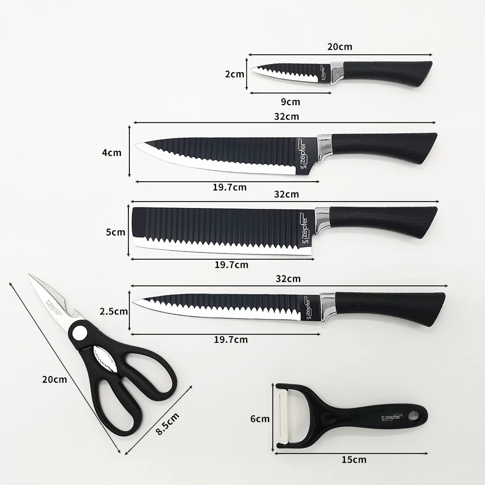 Amazon Hot sale Professional 6pcs kitchen knife set stainless steel black coating blade with non-stick and PP