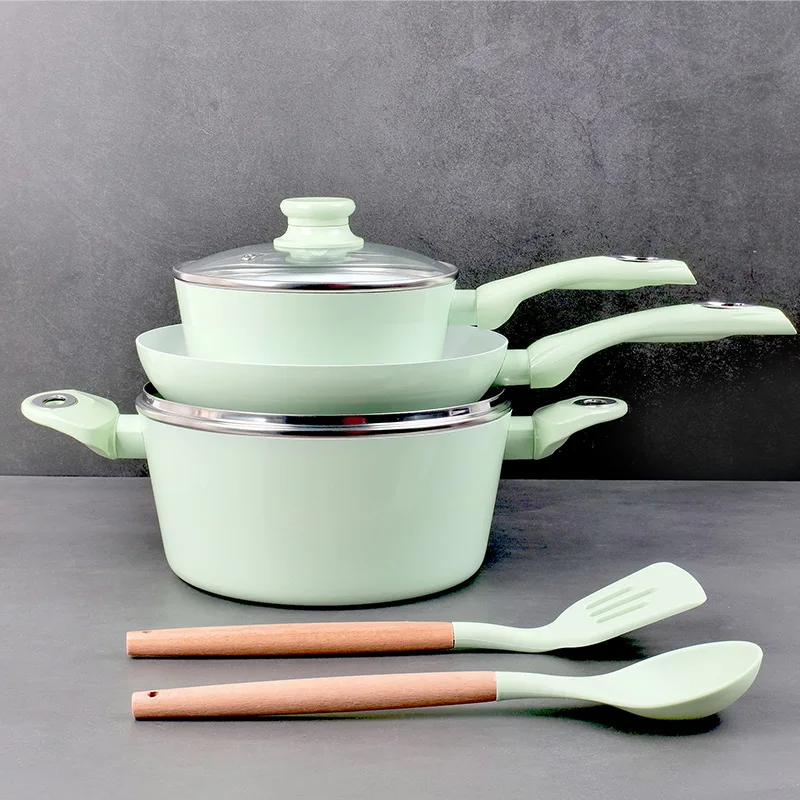 Home Kitchen Forged Aluminum Healthy Ceramic Pots and Pans Cookware Set 7-Piece Set Frying Pan Saucepan with Lid Soup Pot