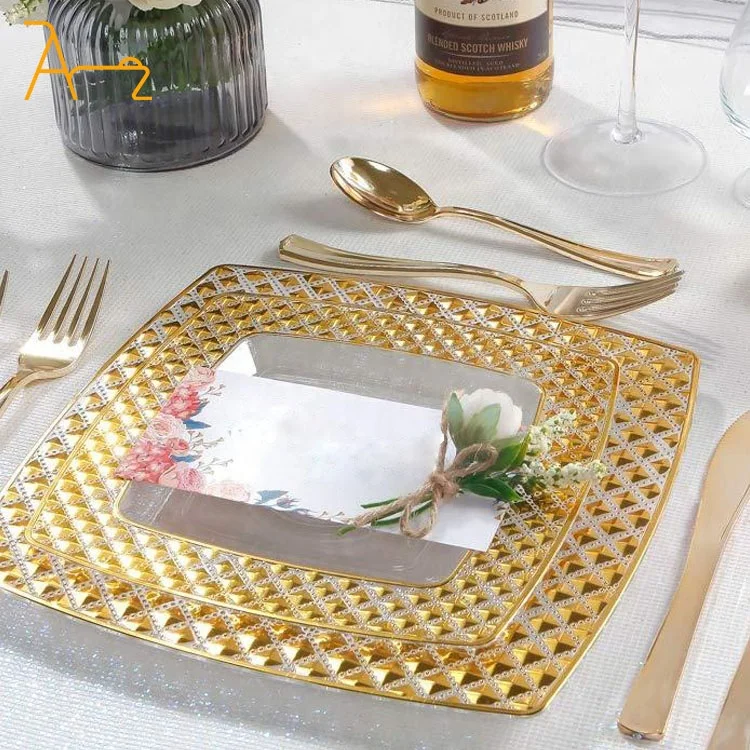 Manufacturer Customize High Quality Disposable Plastic Dinner Plates Eco Friendly Gold Square Plastic Dinnerware Set