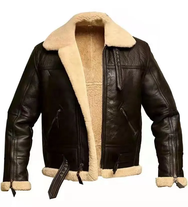 Personalized Custom Made Tailored Mens Sheep skin Real Fur lined Bomber Brown genuine Leather Jacket