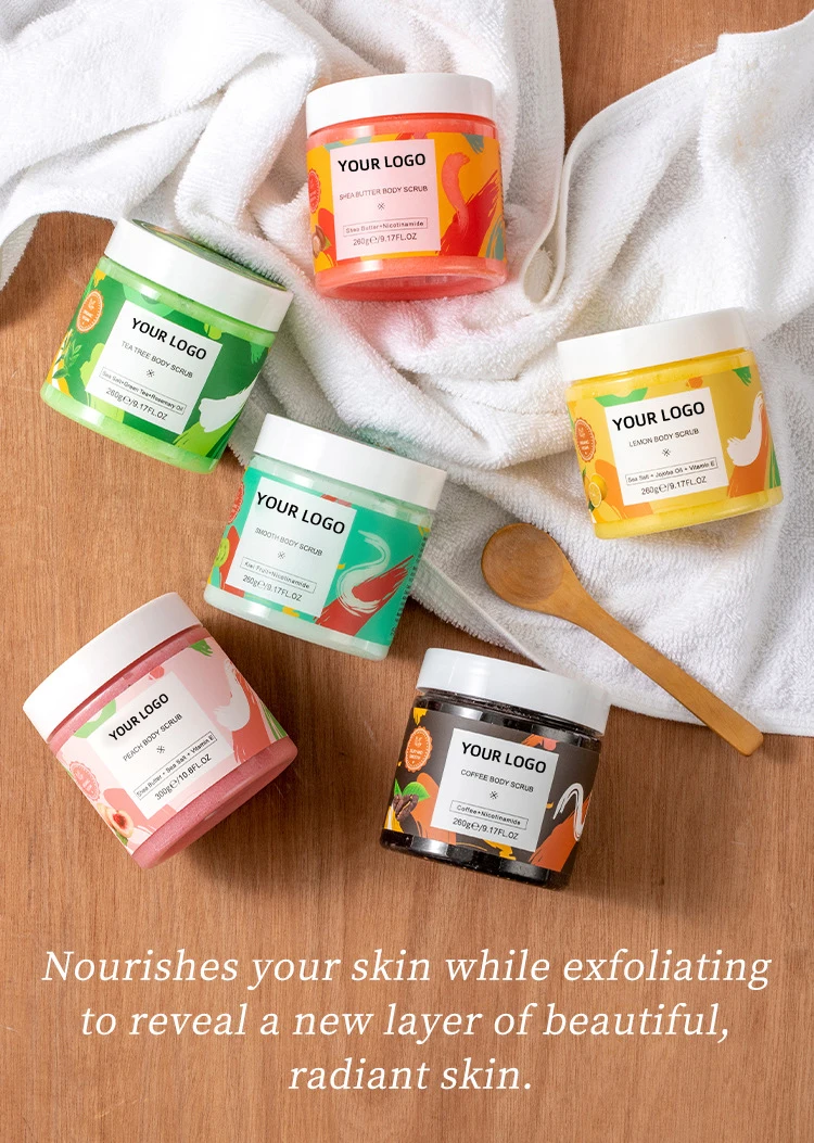 OEM Private Label Organic Turmeric Coffee Lemon Peach Body Scrub Natural Sugar Scrub Foaming Salt Exfoliator for Bath Skin Care