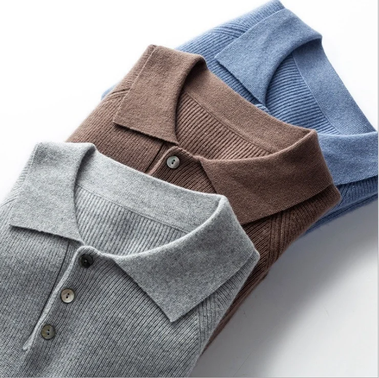 Fashion style polo neck button classic business men sweater wholesale price cashmere jumper men