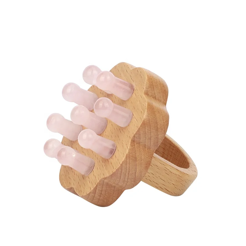 Wooden Handle Therapy Massage Tools Natural Stone Scalp Gua Sha Massager 9 Teeth Rose Quartz Comb