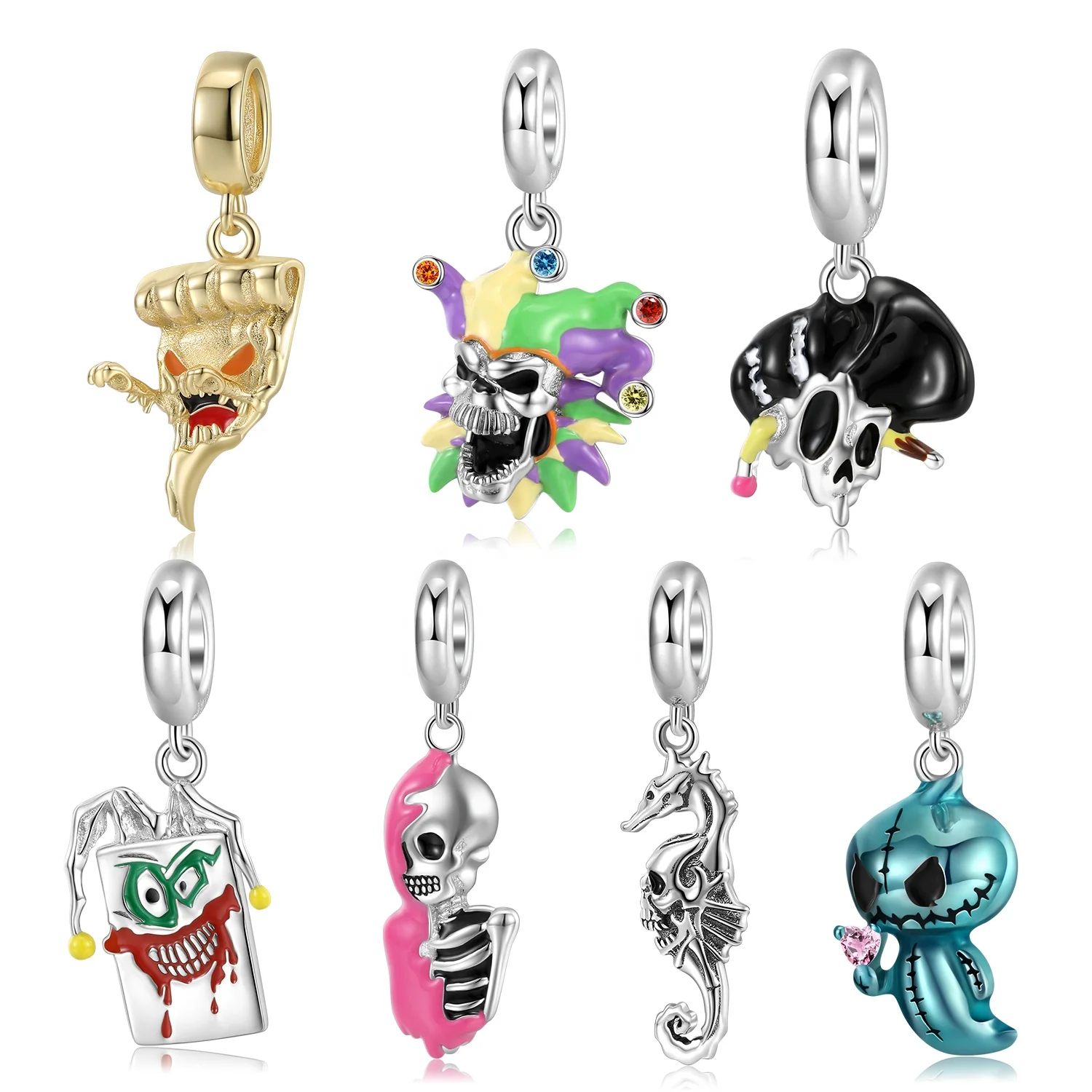 Mockingbird Blue Monster Pendant Real 925 Sterling Silver Poker Skull Enamel beads for Women Charm Bracelet Jewelry Dropshipping