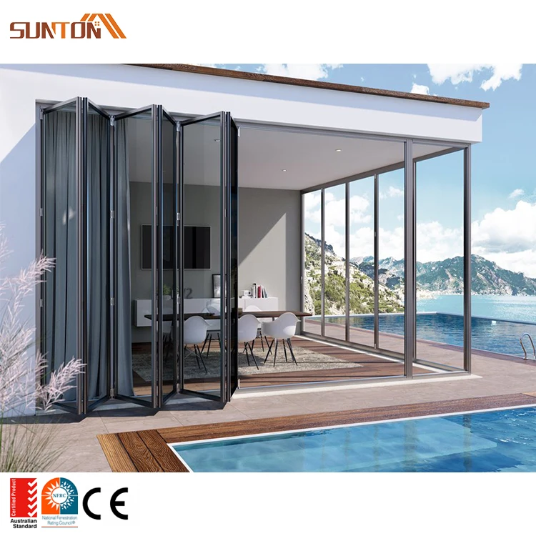 External Metal Aluminium Partition Folding Door Exterior Patio French Aluminum Alloy Glass Bi-folding Doors with Grill Design