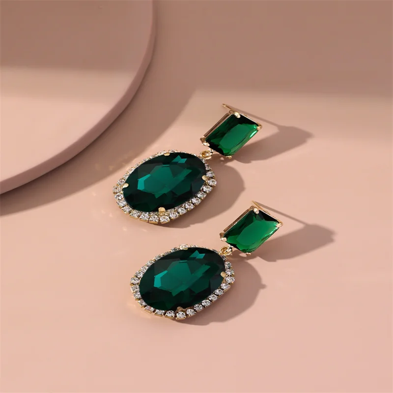 Vintage Circle Zircon Big Emerald Pendant Earrings Green Crystal Jewelry Dangle Earrings For Women