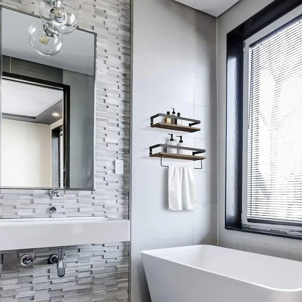 Rustic Guardrail Shelving Modern Wood Ladder Wall Shelf Home Kitchen Use 2 Tiers Iron Bracket Design Floating Shelves