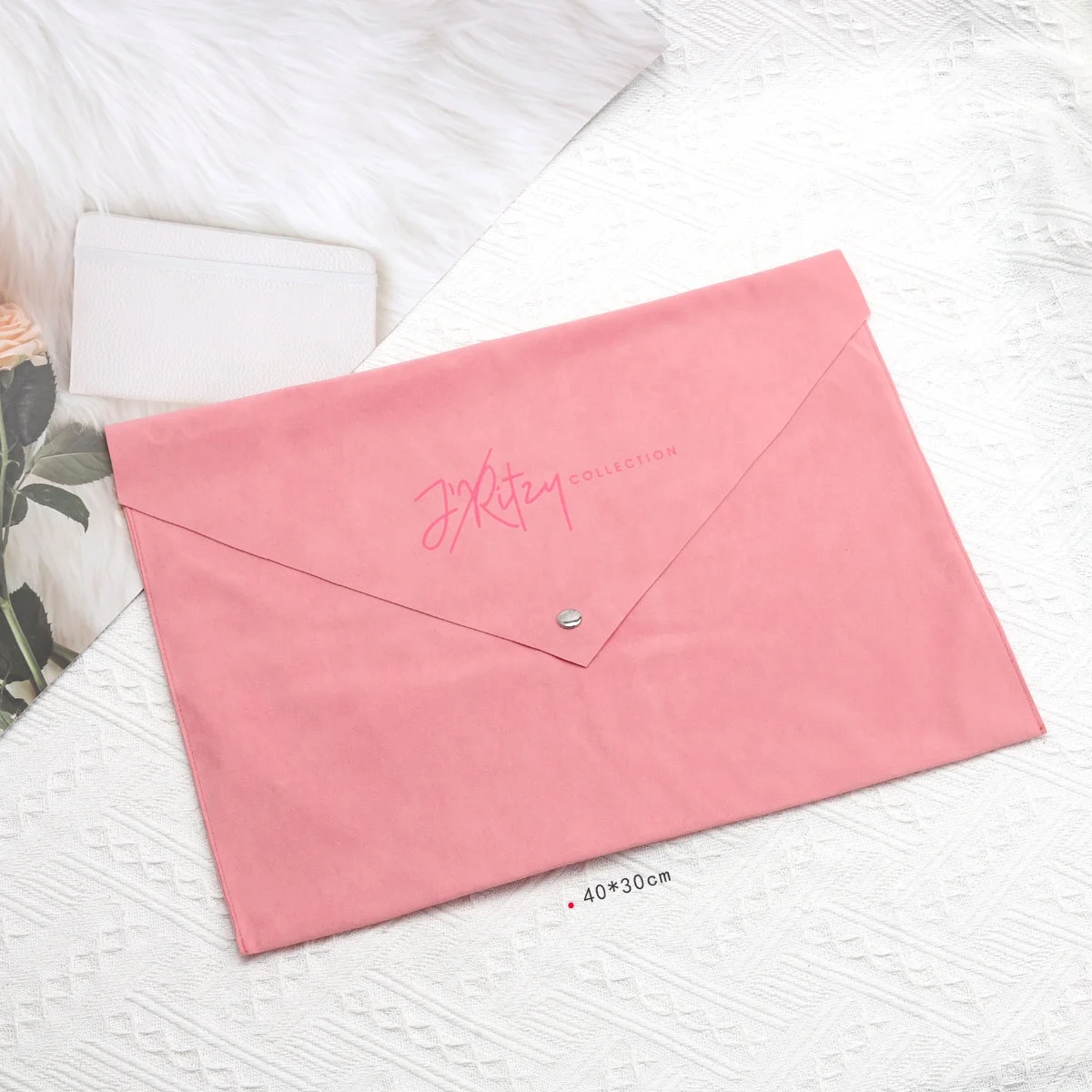 High End Large Pink Velvet Flap Clothes Pillow Packing Envelope Bag With Button Custom Logo Printed Faux Suede Gift Dust Pouch