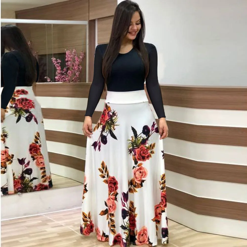 Womens Summer Autumn Vintage Floral Print Patchwork Long Sleeve Maxi Dresses Plus Size Casual Dress