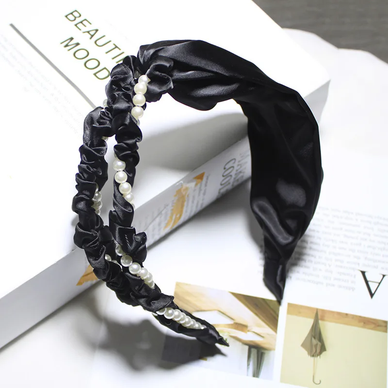 Korea Pleated Hollow Pearl Cross Headband Small Fragrance Sweet Temperament Headbutton Wash Face Press Headband Hair Accessories