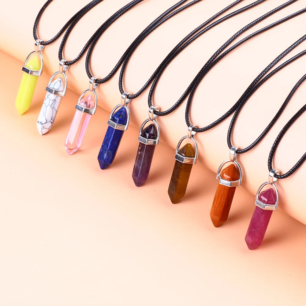 Natural Stone Hexagonal Column Pendant Agate Amethyst Bullet Head Crystal Stone fashion jewelry