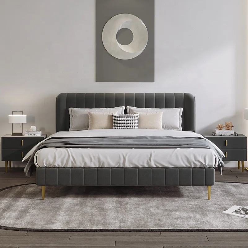 modern slat frame double full queen platform faux leather velvet fabric linen upholstered tufted king size bed with storage box