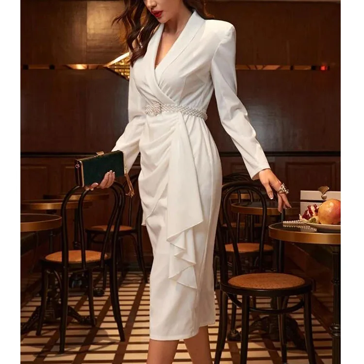 Hot fashion shawl collar side hanging wrap body split irregular professional dress for women