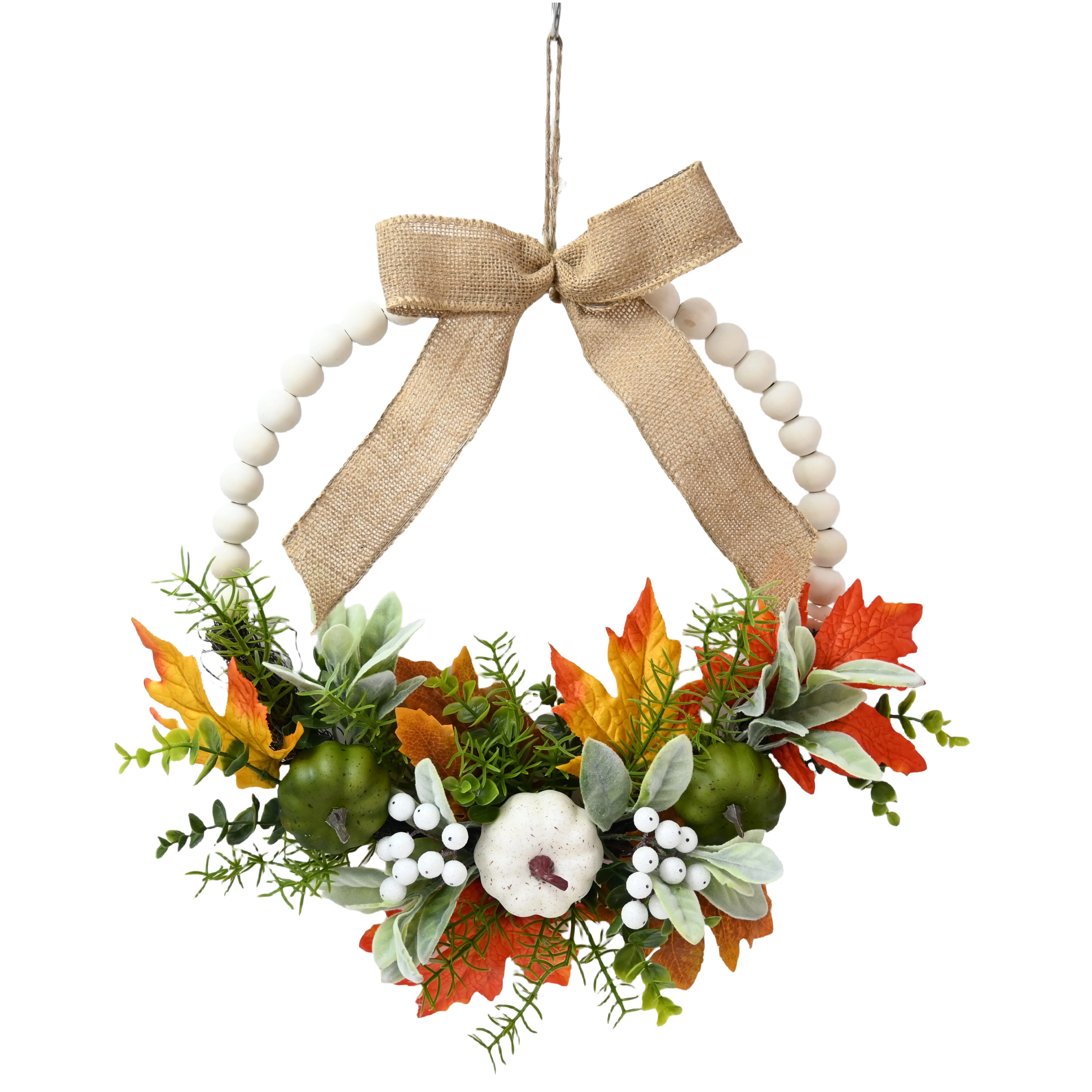 16 Inch Green White Pumpkin Wooden Bead Hoop For Farmhouse Hanging Wreath Door Sign Decoration