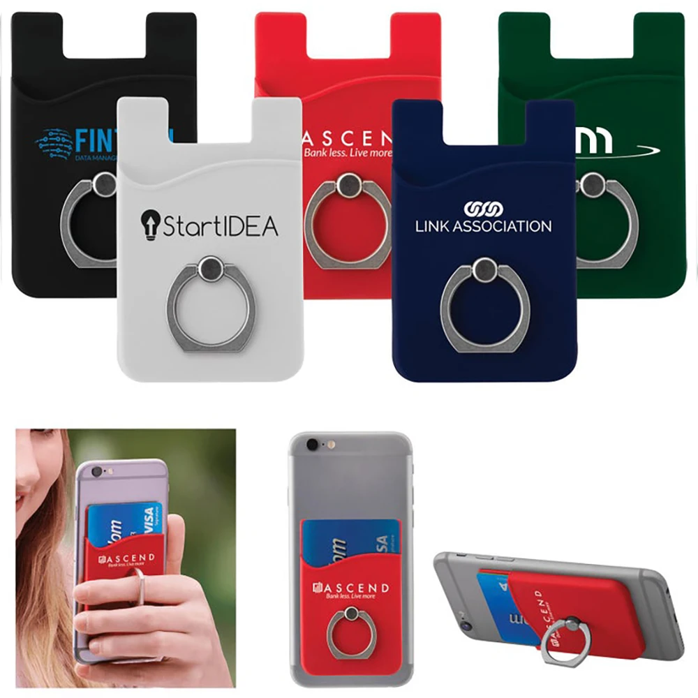Custom Cheap Mobile Pouch Cell Phone Wallet Silicone Credit Card Holder Sleeves Metal Ring Stand