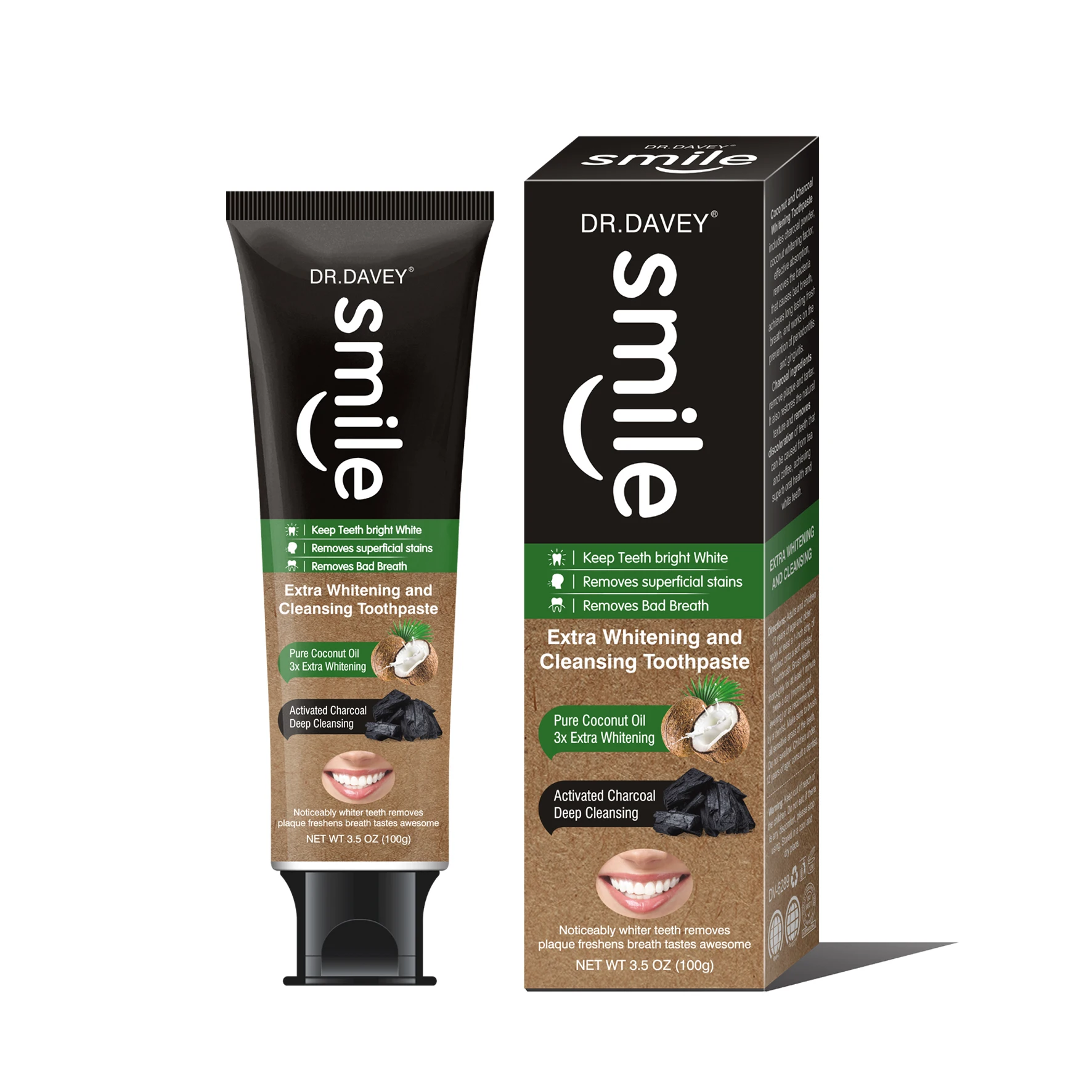 Dr.Davey Powerful Whitening Toothpaste Contains With Charcoal Coconut Oil Remove Tartar and Dentine