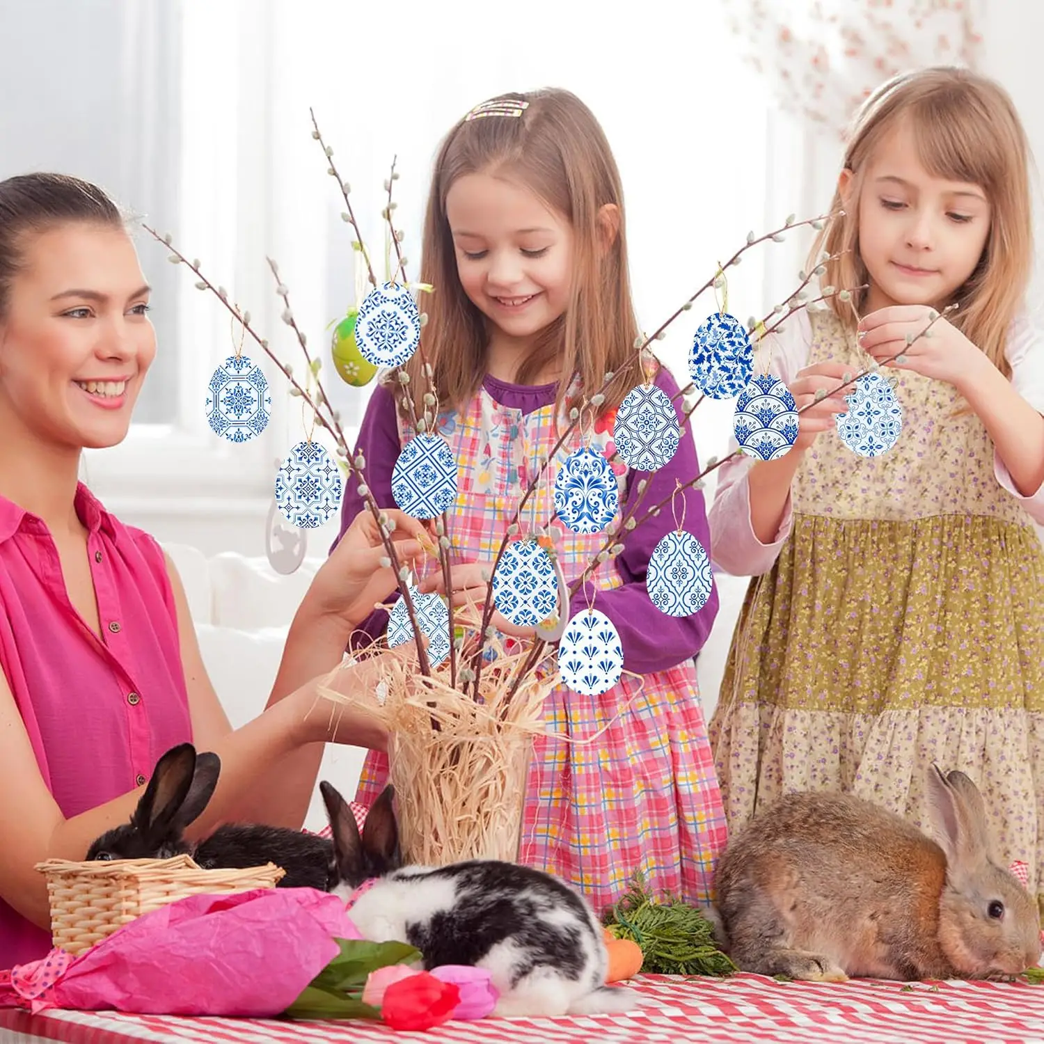 46pcs Spring Easter Chinoiserie Egg Wood Hanging Ornament Easter Egg Wood Hanging Pendant Tags Decoration Egg Shapes Wood Slices