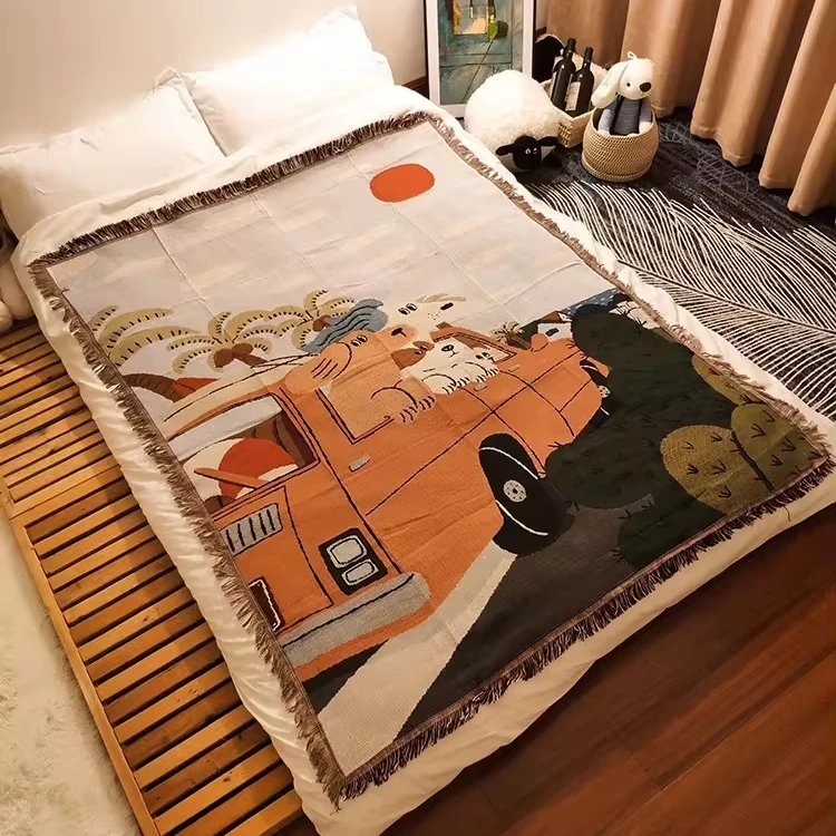 Wholesale Customized Jacquard Fabric Beach Yoga Mexican Cotton Woven Throw Blankets Outdoor Indoor With Tassels