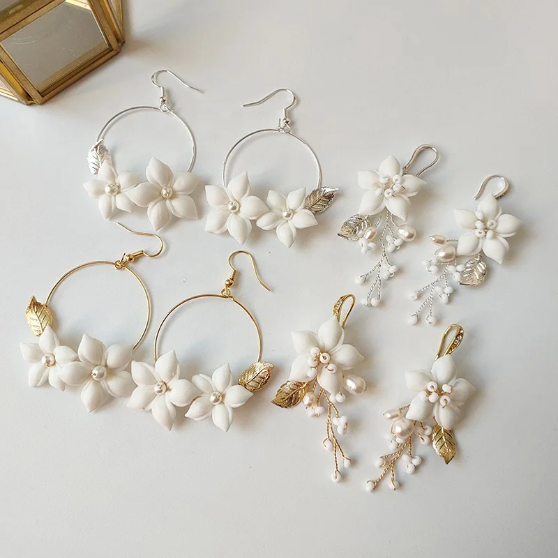 Bohemian Style Hair Pin Bridal Accessories Ceramic Flower Headpiece Wedding Jewelry Earring Hairpins