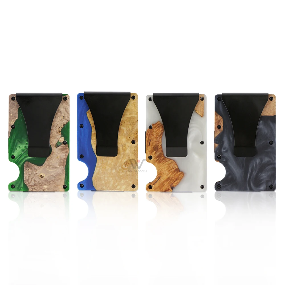 Customize Nature Men Money Clip RFID Blocking Slim Business Card Holder Wood Resin Minimalist Wallet Wallets