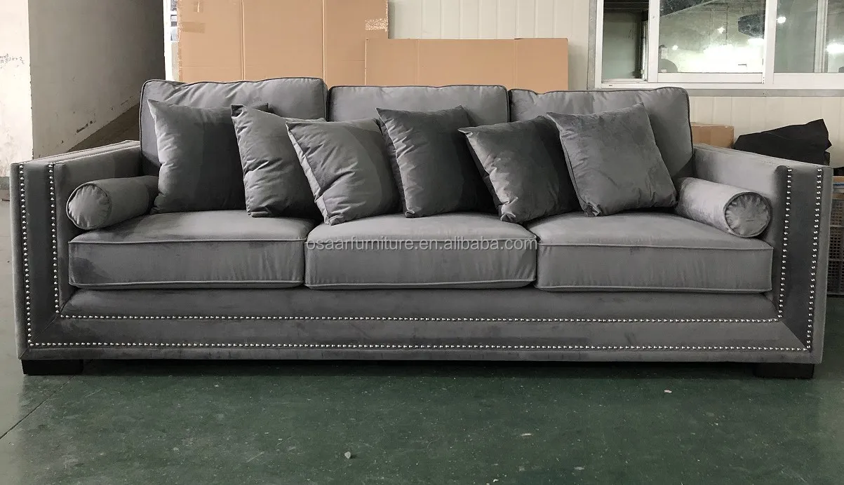 Accent European Style Living Room Grey Velvet Upholstered 4 Seater Fabric Sofa Furniture