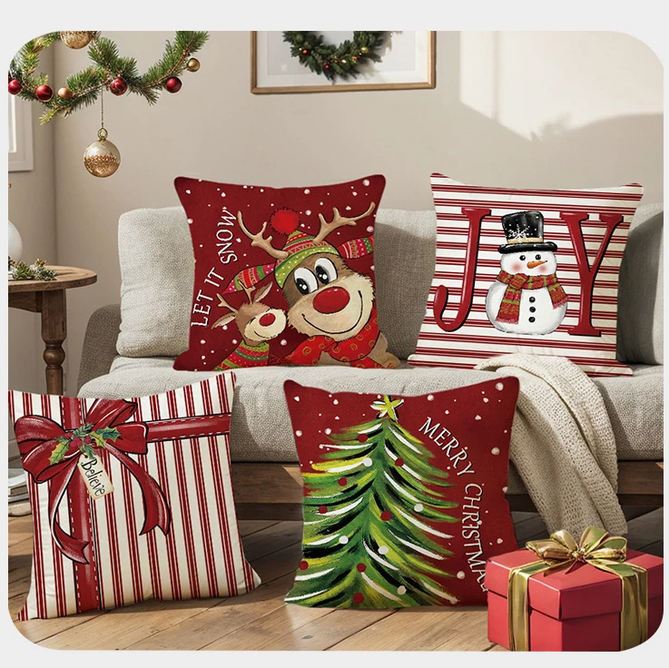 Holiday Decor Joy Cushion Case 45x45 cm Set of 4 Red Christmas Reindeer Pillow Covers