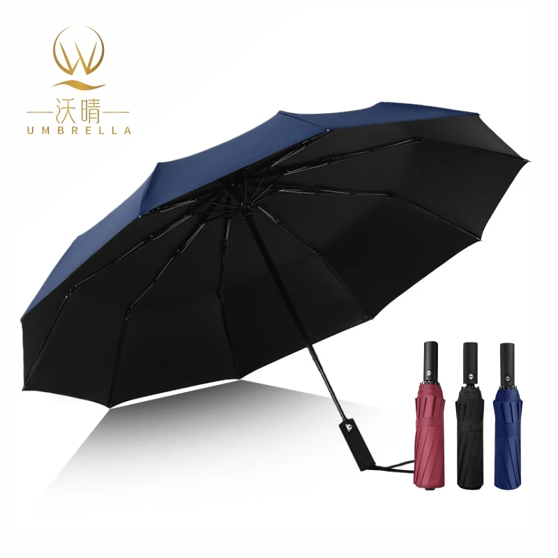12 Bones Fully-Automatic Windproof Business Rain Umbrella Plastic Handle Fiber Frame for Parties Customizable Logo Printing