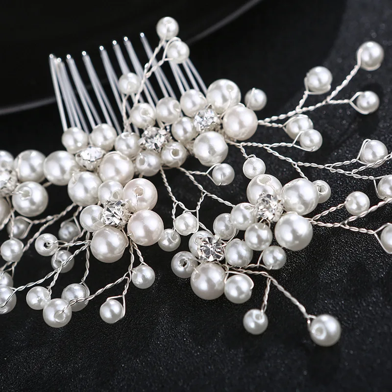 Hot Sale Handmade Wedding Accessories Headpiece Bridesmaid Fancy Pearl Silver Flower Insert Comb Bridal Hair Combs