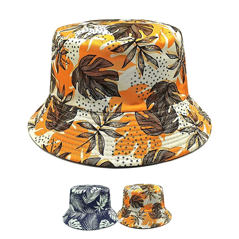 Fashion Floppy Big Brim Polyester Fishman Hats Tropical Style Custom Coconut Tree Printing Logo Reversible Bucket Hats