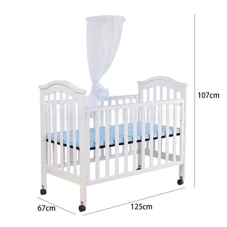 2022 New design product baby bed white wooden baby crib with net movable children cot