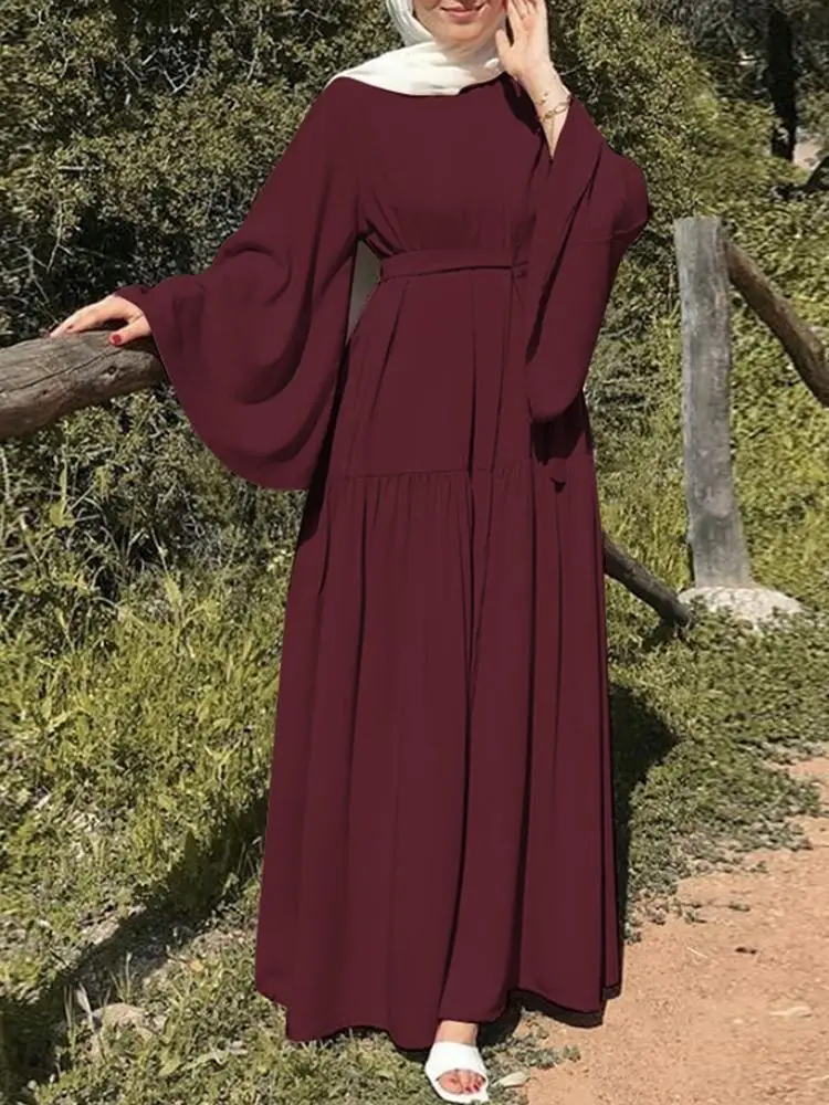 Custom Fashion Modesty O Shape Dubai Style Muslim Clothes Eid Ramadan Prayer Solid Color Abaya Ladies Dress