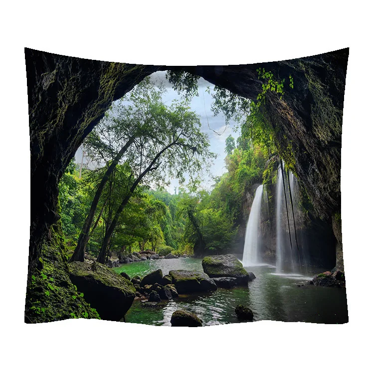 Mountain Cave Waterfall Forest Nature Landscape Wall Tapestry Printed Design Home Decorations Bedroom Living Room Hanging Use