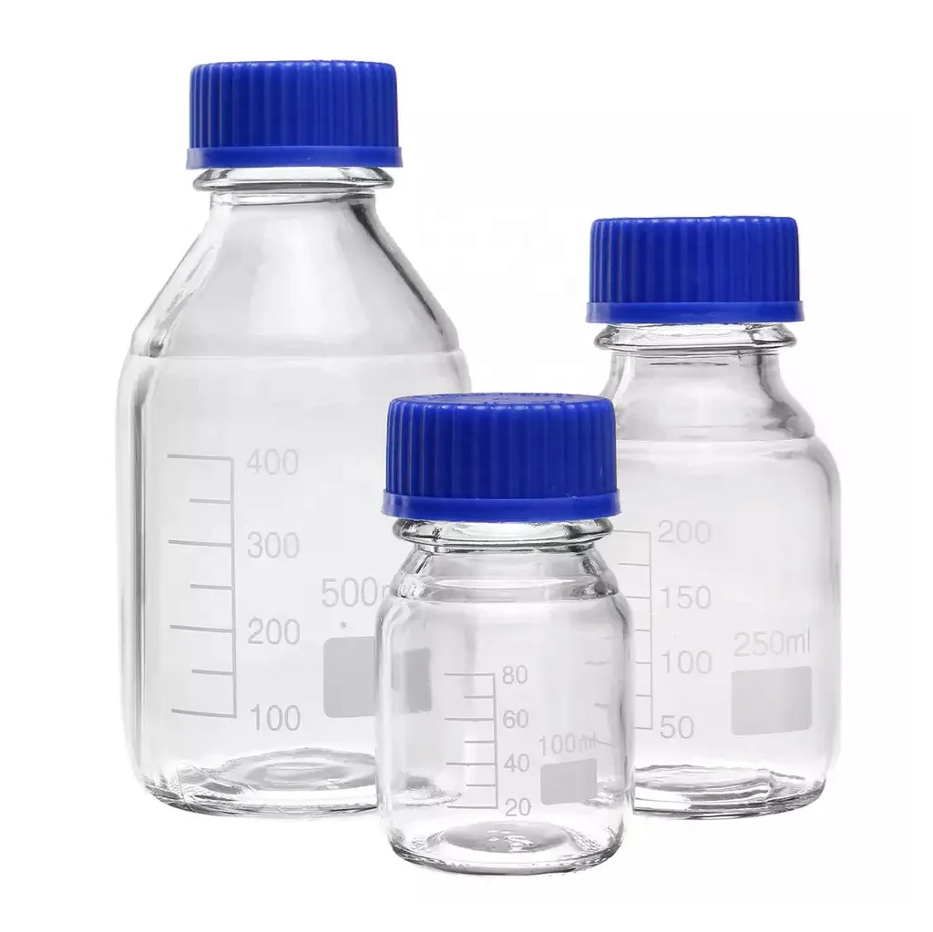 Glass Media Storage Reagent Bottle Graduation 100ml 250ml 500ml 1000ml Borosilicate Glass Bottle With Blue Cap