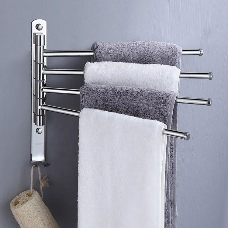 Multi-functional Wall Mounted Durable 304 Stainless Steel Bathroom Rotatable 4 Rods Towel Rack with Hook