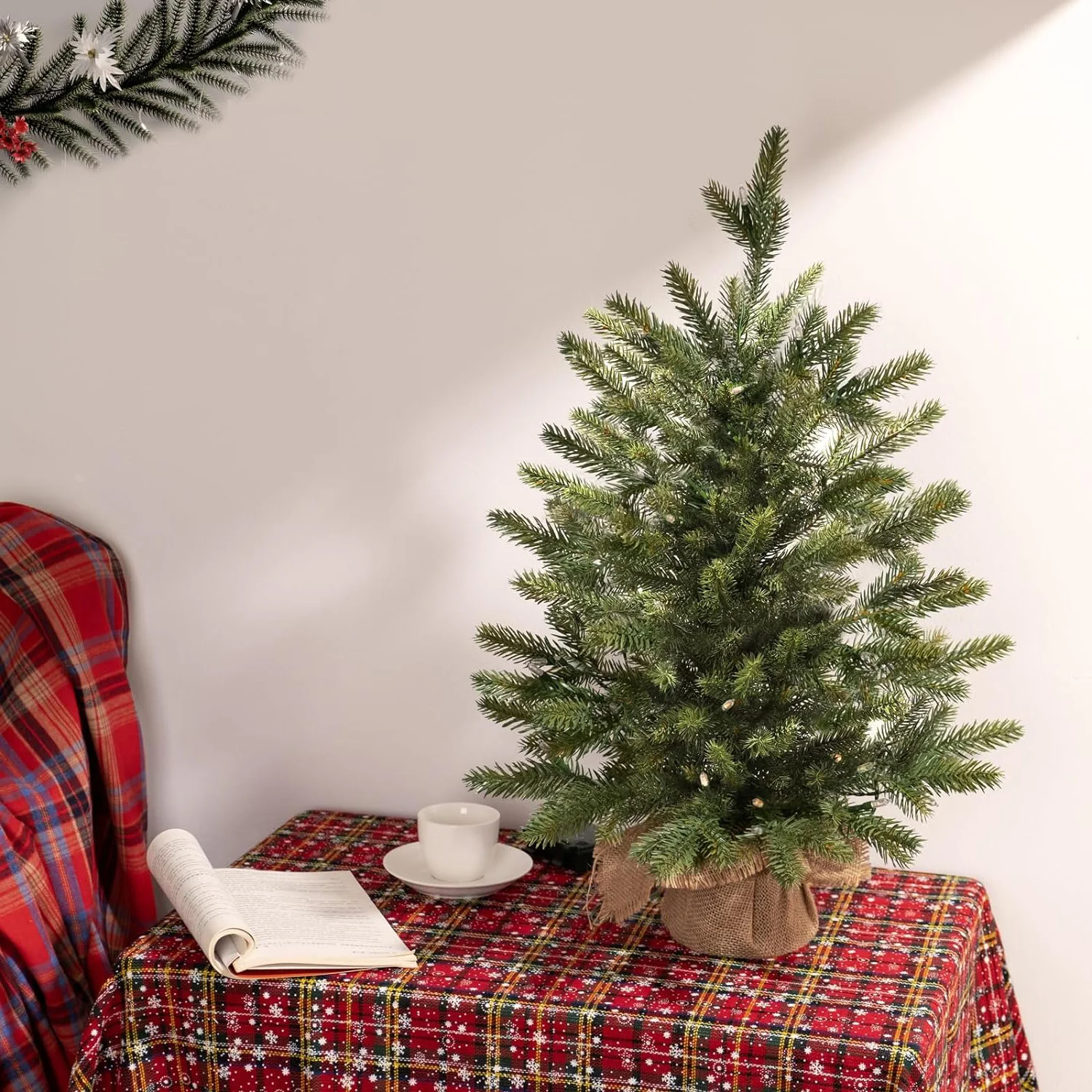 Mini Christmas Trees with 25 LED Lights 2 ft Decorated Burlap Artificial Tabletop Christmas Trees Home Party Decoration