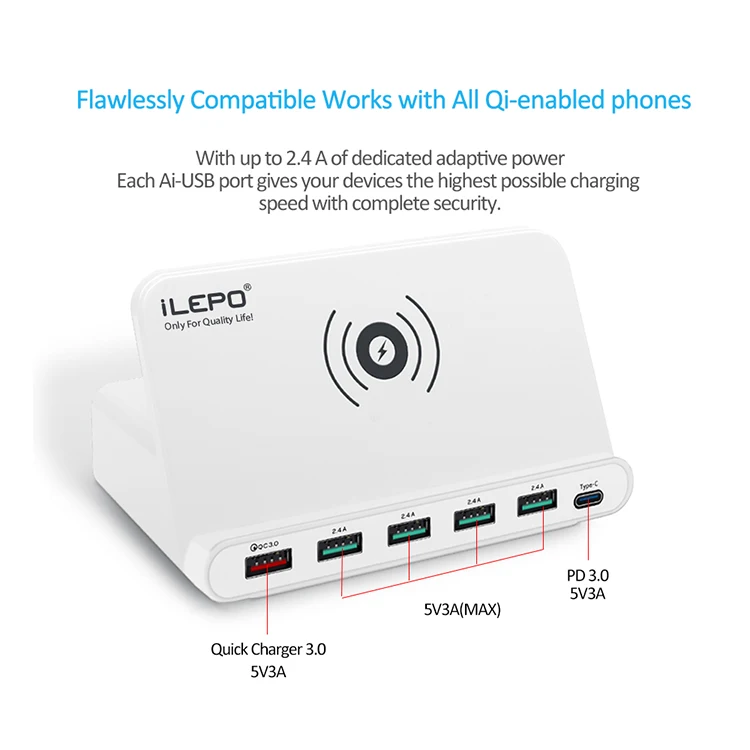 
ilepo Chargers USB Charger 60W USB Charging Stations 10W Wireless Charger and QC 3.0 5-Port USB Charger with 5V 3A Type C Port 