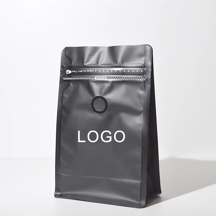 eady To Ship Matte Black Coffee Bag Eight Edge-sealing Coffee Bean Packaging Pouches With Easy Tear Zipper And Valve Low Moq