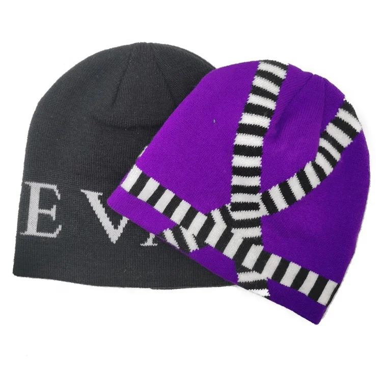 Cheap factory price jacquard slouch beanie hat acrylic purple custom knitted beanie hat winter hat