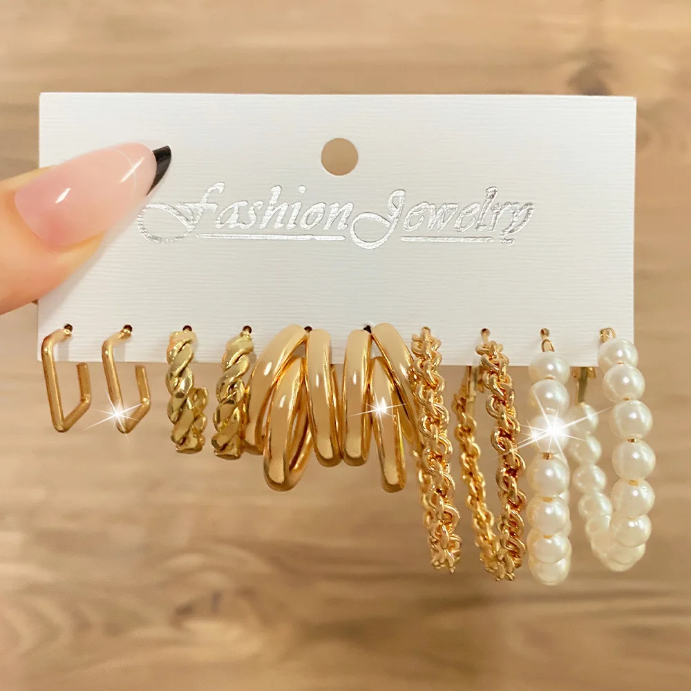 Wholesale Creative Vintage Card Earrings Set 12 Sets Gold Plated Alloy Love Pearl Lock Snake Butterfly Mushroom Lock Ear Buckle