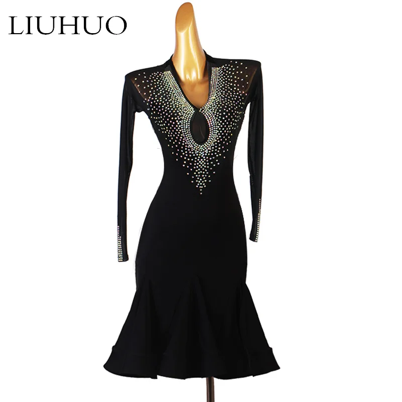 LUHUO Superior Fashion Sleeveless Latin Dance Skating Dress Rumba Skirt One Piece Stage Costume Black