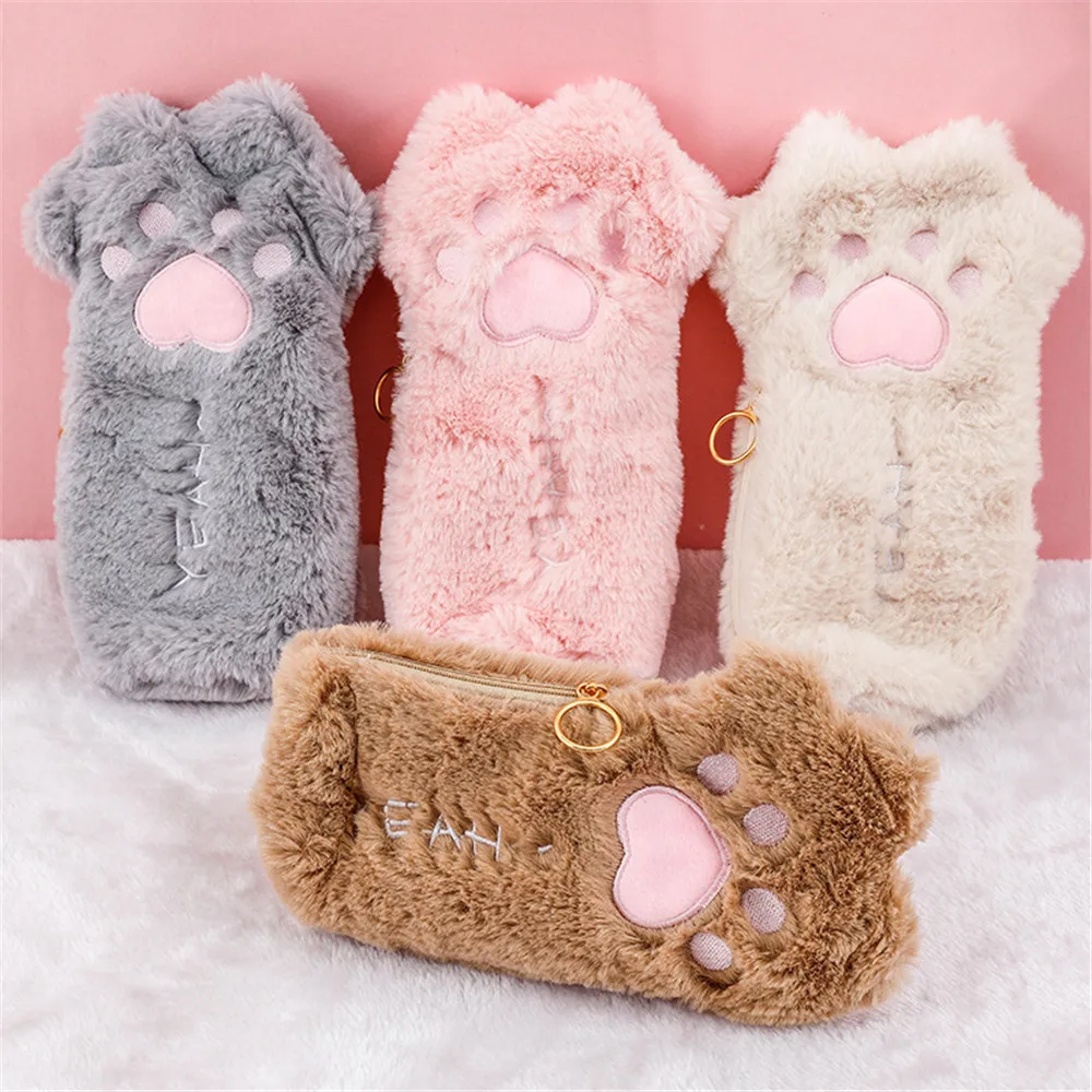 Pink Cute Cat Paw Pencil Bag Soft Plush Cosmetics Pouch Large Capacity Pencil Case Pen Holder Merry Christmas Stationery