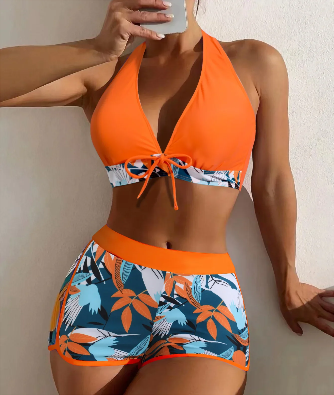 Wholesale Fitness Swimwear Bikini 2-Piece Set Sports Bra Boxer Shorts Classic Printed Beachwear Women Sexy Swimsuit