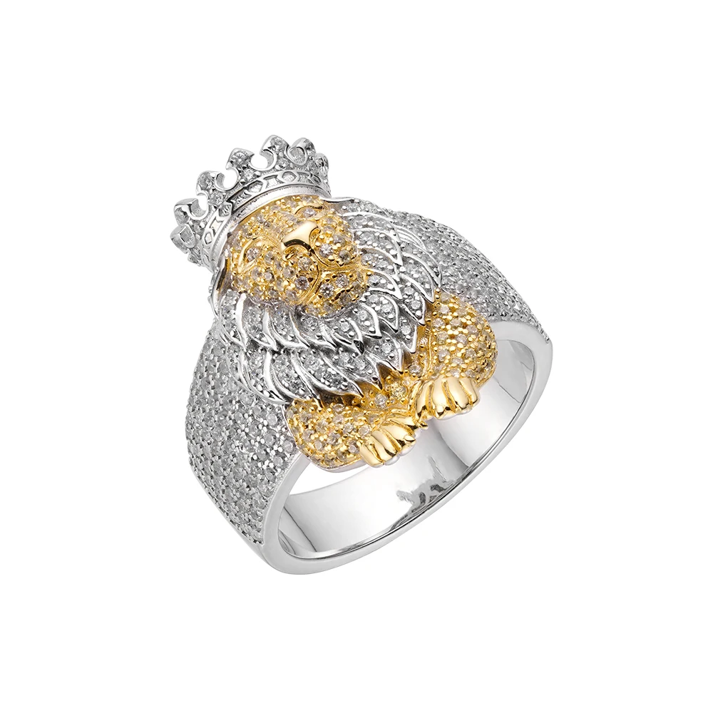 Rapper Hip Hop New Brass Clear Cz Two Tone Silver Plated Lion Ring For Men
