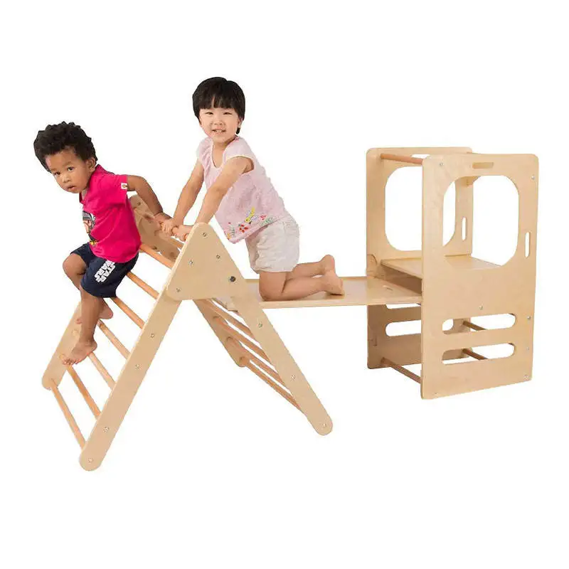 Children Kitchen Step Stool Wooden Climbing Frame Montessori Toddler Learning Tower with Slide and Blackboard Natural for Kids