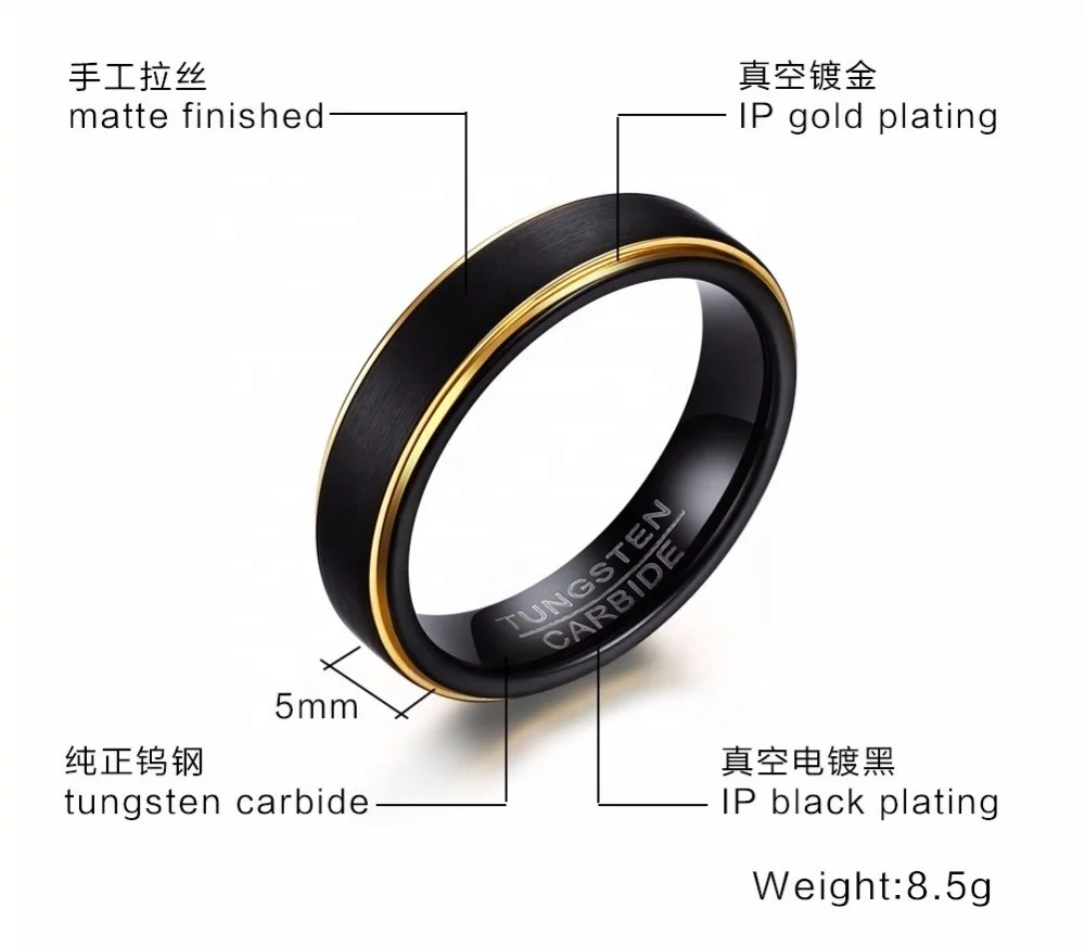 
Black Tungsten Rings for Men 5MM Thin Gold-color Wedding Rings for Male Jewelry 