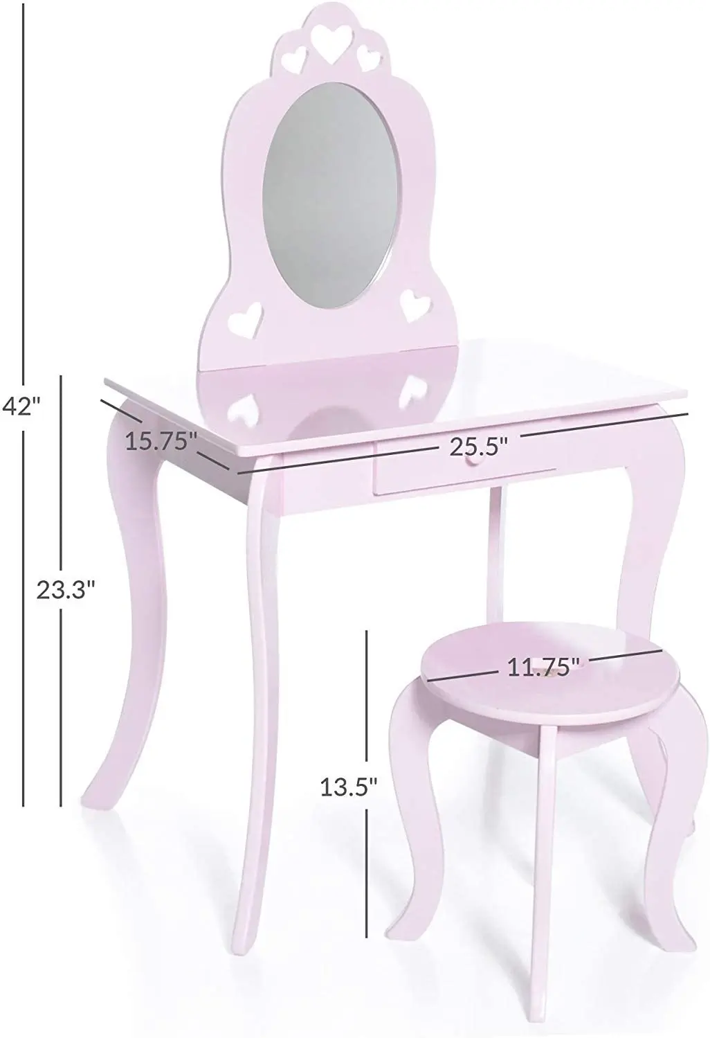 Pink Color Stool Kids Fairy Design Wooden White Kids Study Table Set Children Make Up Desk And Chair With Mirror