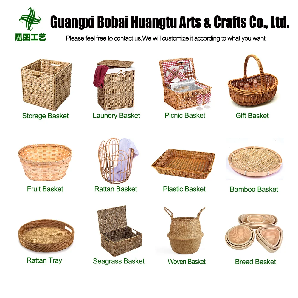 HT Built-in Handles Kitchen Medium Rectangular Water Hyacinth Storage Baskets Wicker Baskets for Bedroom Living Room Bathroom