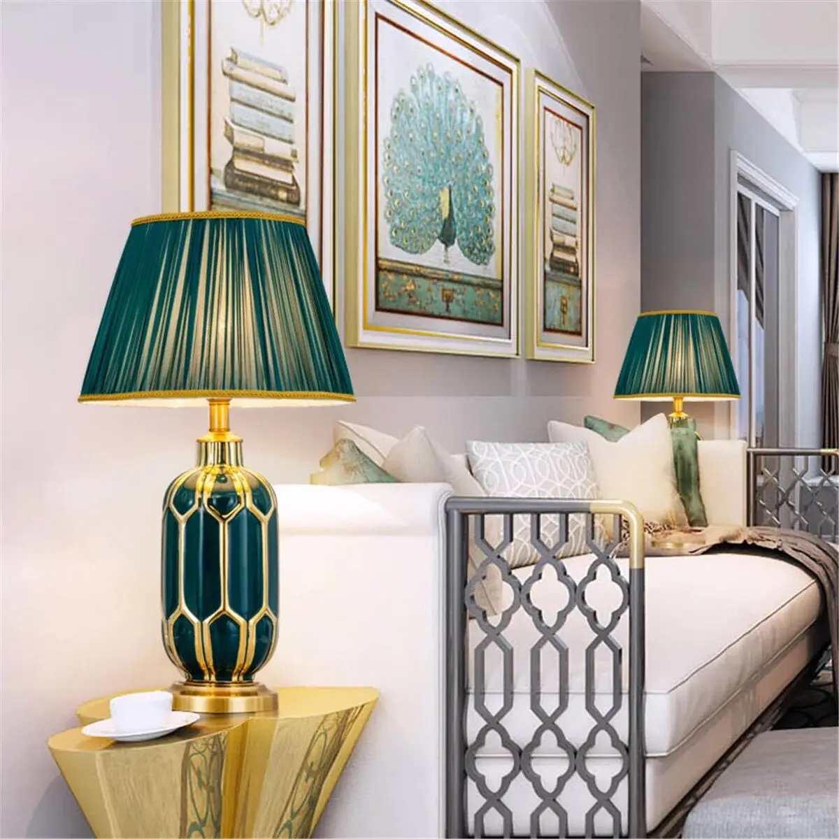 Hand Painted Glass Table Lamps Modern Desk Light Led Chinese Ceramic Table Lamps for Living Room Blue Table Lamp