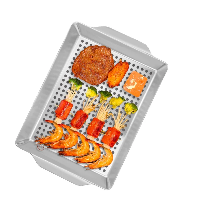 403 stainless steel grill tool, rectangular leaky pan with two lug handles, flat oil filter grill pan